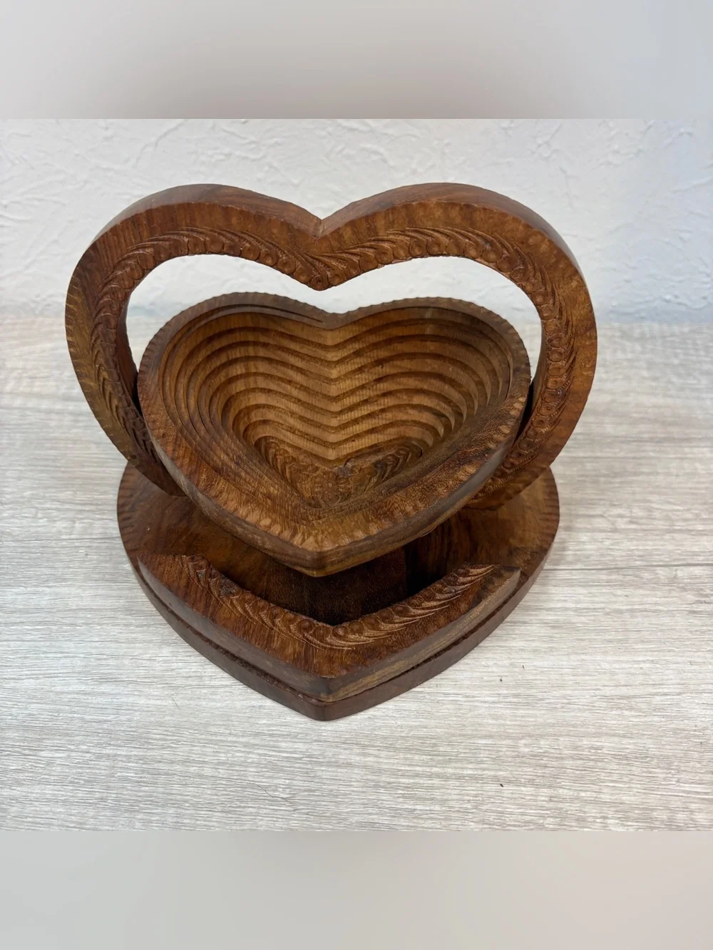 Vintage Hand Carved Heart Shaped Collapsible Wooden Fruit Basket Folding Trivet